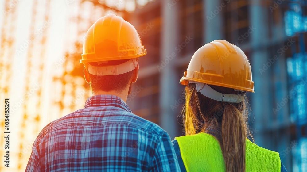 Exploring the future of construction a look at workers in hard hats observing urban development at sunset Exploring the future of construction a look at workers in hard hats observing urban development at sunset