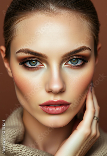 Stunning close-up portrait of a woman showcasing flawless skin and striking eyes. The image exudes elegance and beauty, capturing the essence of sophisticated allure and grace.