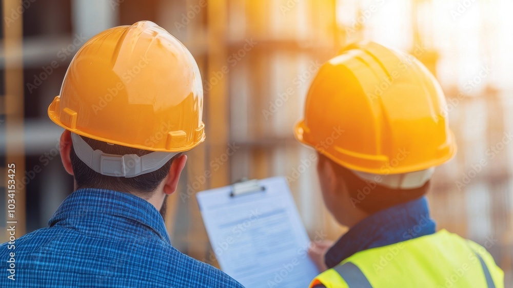 Construction workers inspecting plans on site with safety gear ensuring compliance and quality in building projects Construction workers inspecting plans on site with safety gear ensuring compliance and quality in building projects