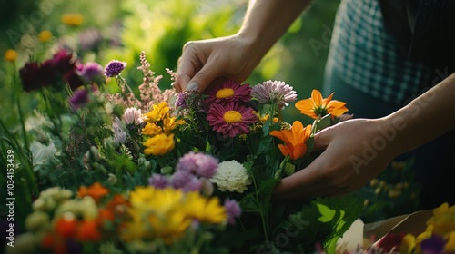 A person arranging a vibrant bouquet of flowers in a natural setting.