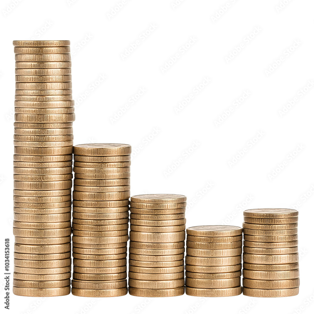 Stacks of coins arranged in ascending order on a white isolated background. Stacks of coins arranged in ascending order on a white isolated background.