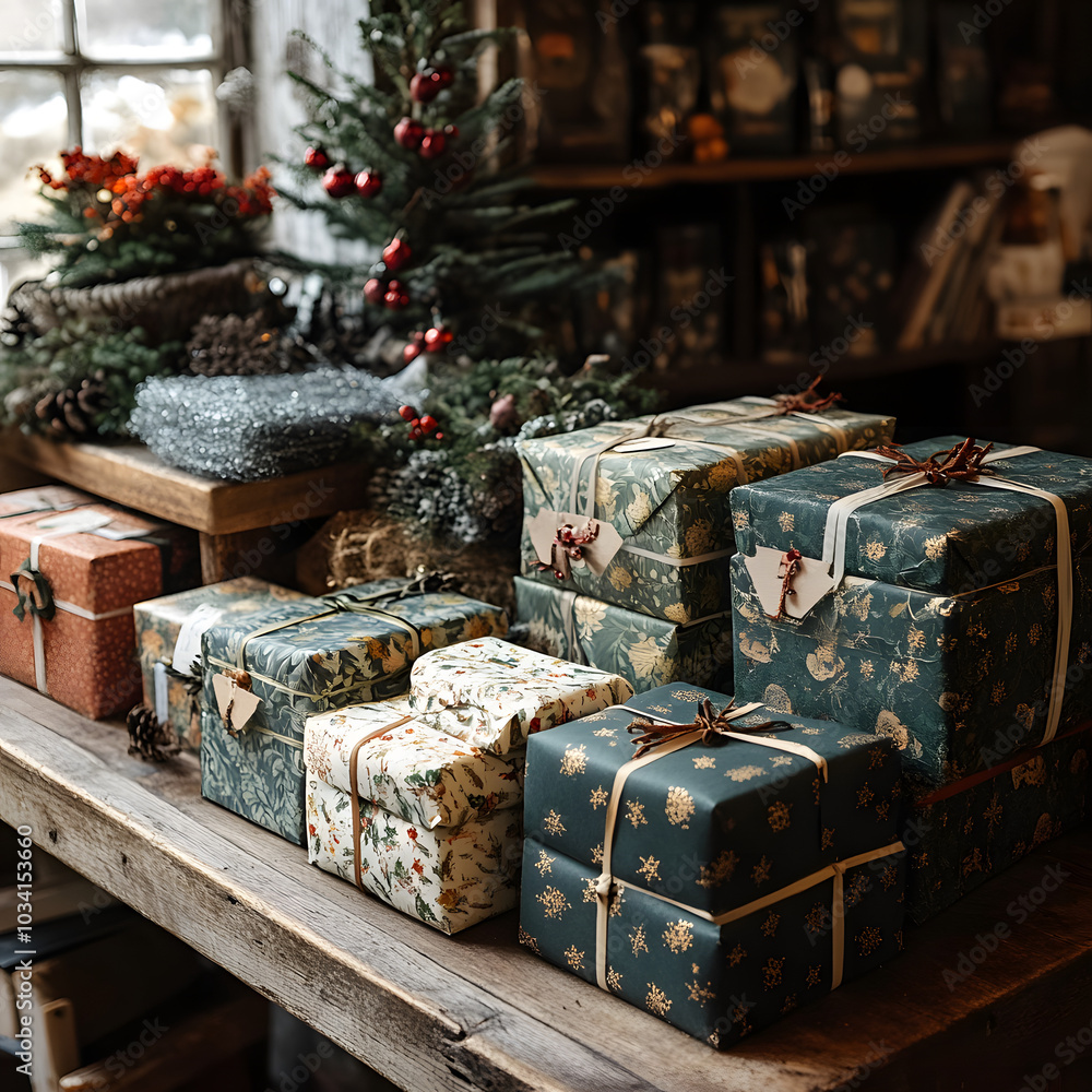 Festive Christmas Gift Wrapping Station with Decorations Festive Christmas Gift Wrapping Station with Decorations
