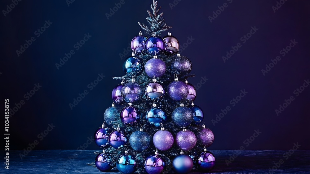 Chromatic Wonderland: An otherworldly tree covered in iridescent ornaments—each one reflecting a different color. The tree stands against a dark background, allowing for captivating typography 