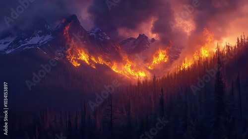 A dramatic and intense image of a wildfire raging through a forested mountain range, with flames engulfing the slopes and billowing smoke filling the sky.