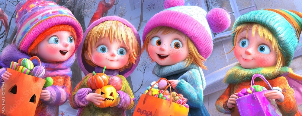 A Halloween trick-or-treat scene with children dressed up in colorful costumes and carrying candy bags. A Halloween trick-or-treat scene with children dressed up in colorful costumes and carrying candy bags.