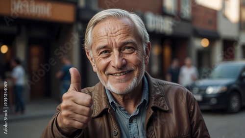 A handsome old man europan showing a thumbs - up sign. photo