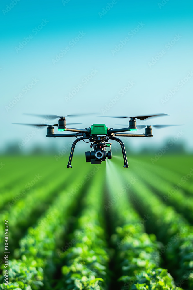 Drone flying over green crop field Drone flying over green crop field