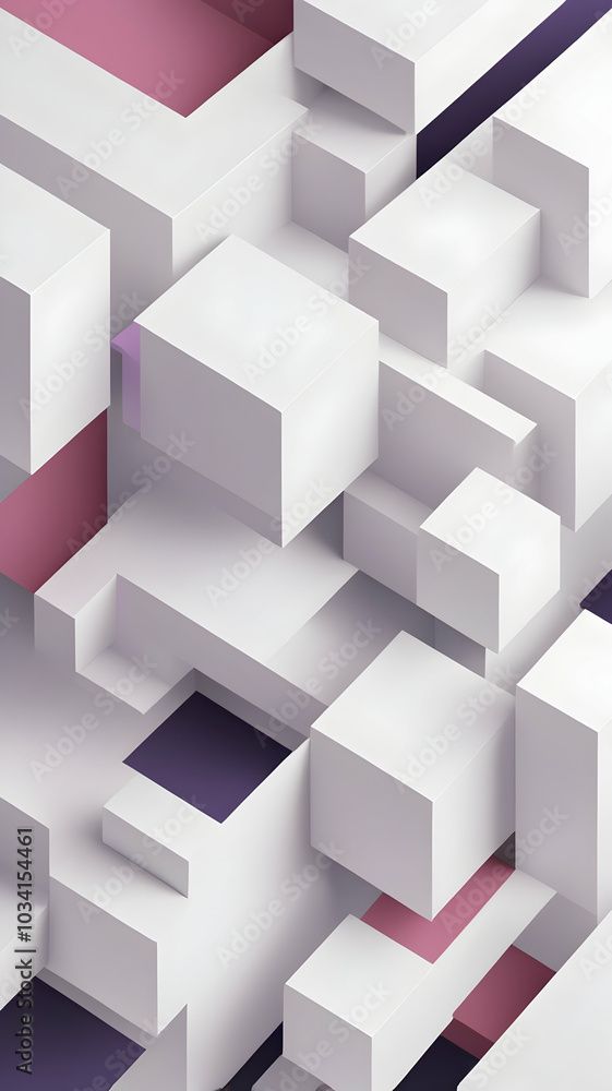 Geometric Cubical Background with pink, purple, lilac accents, Modern, Minimalist Design on White Geometric Cubical Background with pink, purple, lilac accents, Modern, Minimalist Design on White