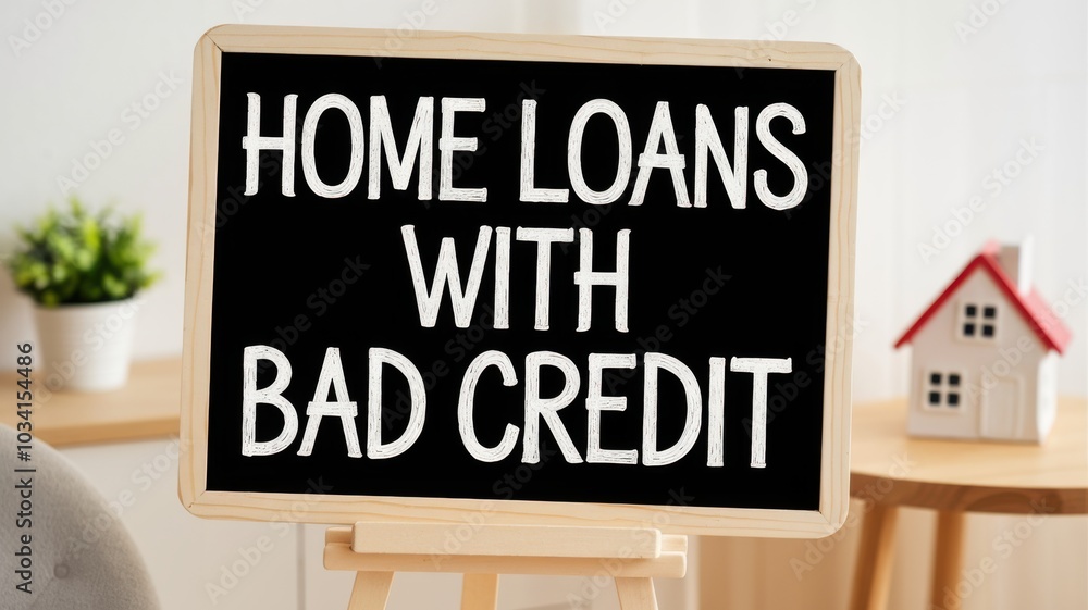A sign promoting home loans available for individuals with bad credit, featuring a small house model in the background. A sign promoting home loans available for individuals with bad credit, featuring a small house model in the background.