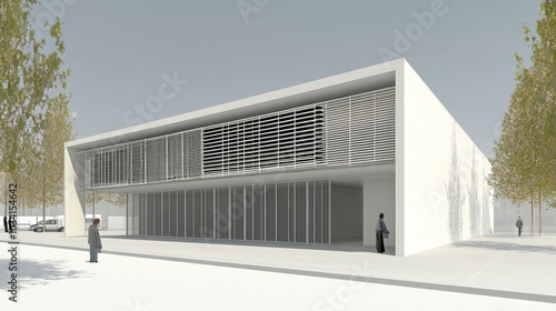 Modern Minimalist White Building with Louvered Windows and Trees