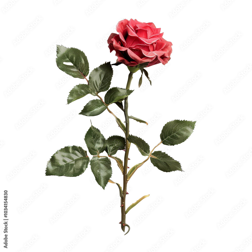 Obraz premium A single red rose with green leaves displayed against a simple transparent background, symbolizing love and beauty during springtime