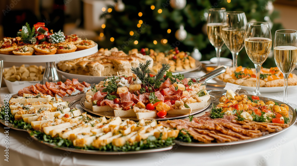 An elegant black-tie holiday feast in a grand ballroom, with towering Christmas trees An elegant black-tie holiday feast in a grand ballroom, with towering Christmas trees