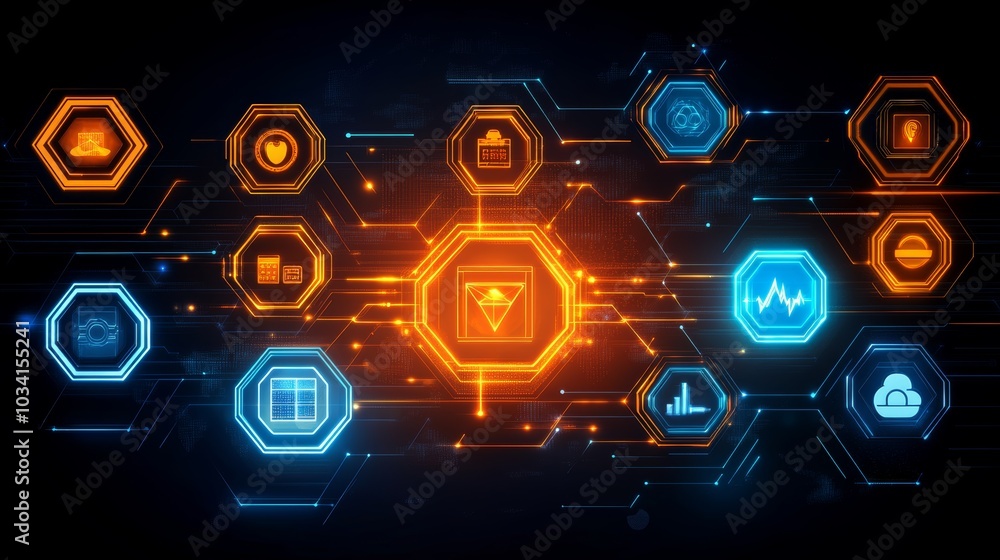 Digital Network Technology Abstract Background with Icons and Lines Digital Network Technology Abstract Background with Icons and Lines
