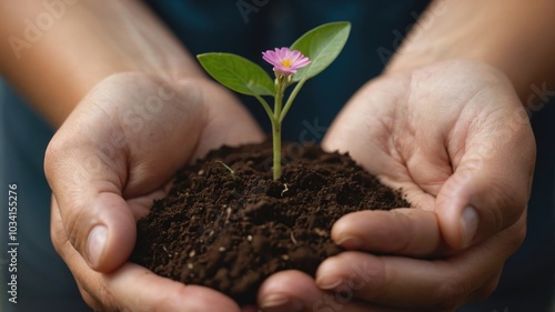 A gardener holds a handful of rich soil with a blooming flower sprouting from it. photo