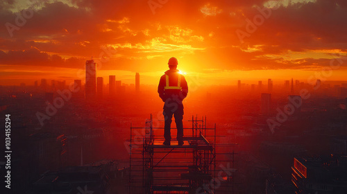 A construction worker stands on a high-rise, facing a stunning urban sunrise, symbolizing resilience, progress, and dedication