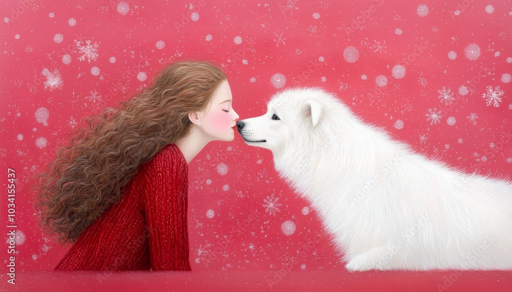 Obraz premium A loving interaction between a woman and her furry companion, with the dog leaning in for a kiss.