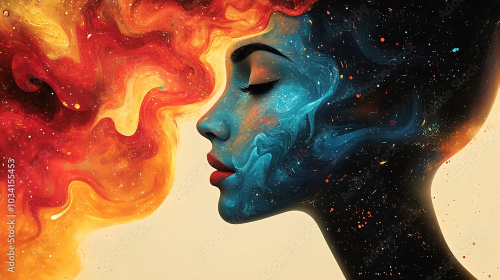 A woman's face is surrounded by a swirling abstract mix of red, orange, and blue colors, resembling smoke or fluid.