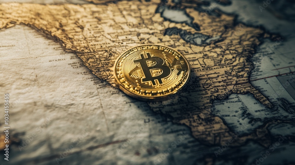 Bitcoin coin resting on a North American map, focused on U.S. territory, symbolizing cryptocurrency adoption and global economic shifts Bitcoin coin resting on a North American map, focused on U.S. territory, symbolizing cryptocurrency adoption and global economic shifts