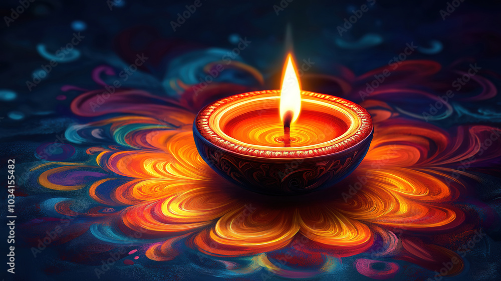 Festive Display of Diwali with a Glowing Oil Lamp on Beautifully Crafted Rangoli Festive Display of Diwali with a Glowing Oil Lamp on Beautifully Crafted Rangoli