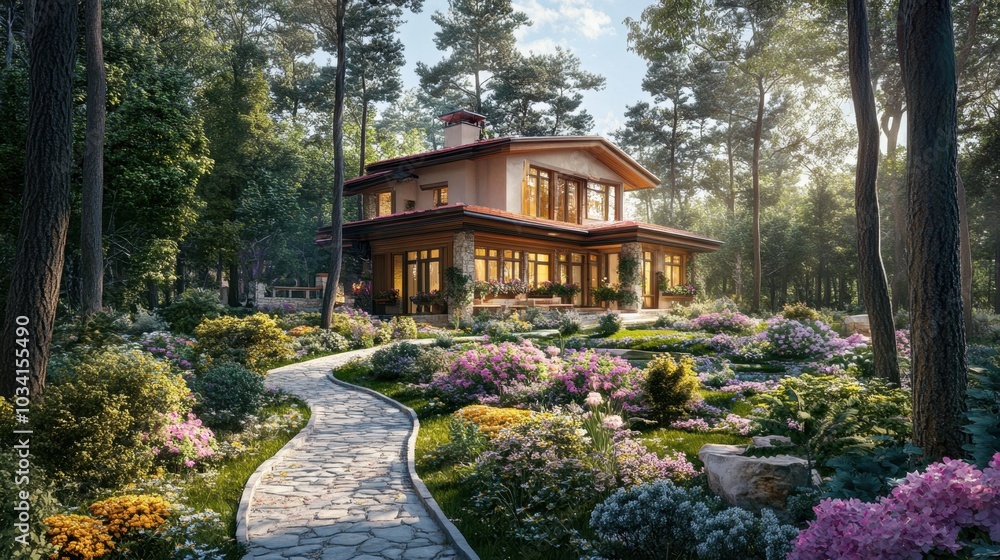 A beautiful house with a spacious garden featuring tall trees, colorful flowers, and a winding stone pathway. A beautiful house with a spacious garden featuring tall trees, colorful flowers, and a winding stone pathway.