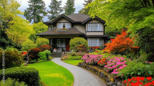 A beautiful house with a spacious garden featuring tall trees, colorful flowers, and a winding stone pathway.