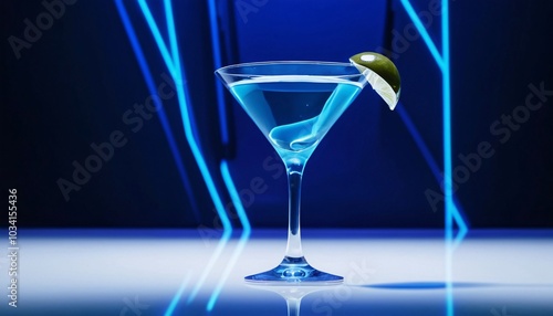 Close up of a blue martini cocktail with a lime garnish against a blue neon light backdrop