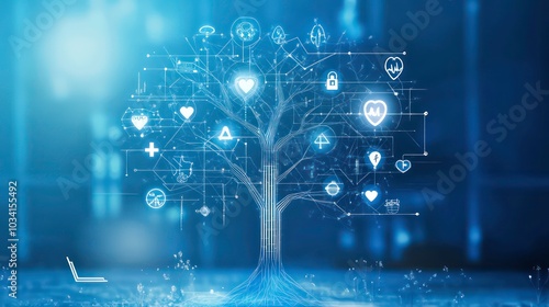 A digital tree with glowing health and medical icons, representing the growth of healthcare technology.