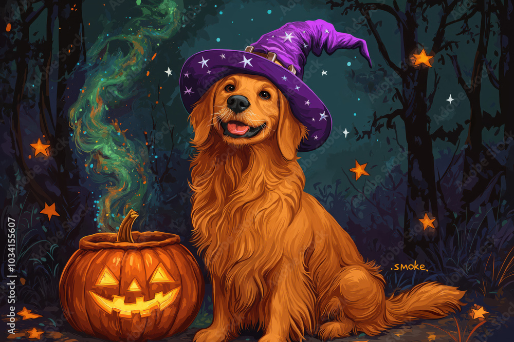 A dog wearing a purple hat is sitting next to a pumpkin A dog wearing a purple hat is sitting next to a pumpkin