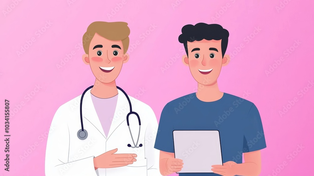 A medical consultation with a doctor using a tablet to provide personalized treatment recommendations to a patient. A medical consultation with a doctor using a tablet to provide personalized treatment recommendations to a patient.