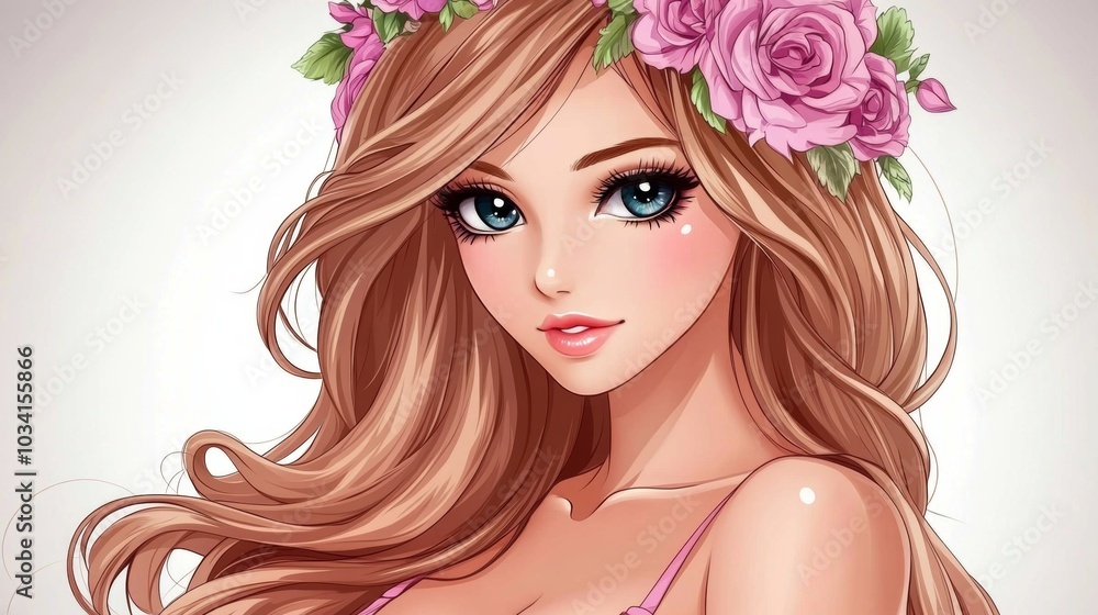 Beautiful Anime Girl with Blonde Hair and Flower Crown Beautiful Anime Girl with Blonde Hair and Flower Crown