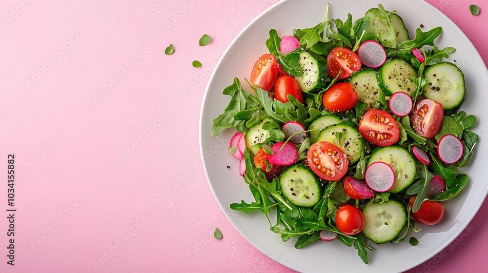 Fresh salad with spinach, radish, and tomatoes on pink background Fresh salad with spinach, radish, and tomatoes on pink background