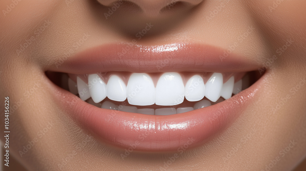 close-up, radiant smile with perfectly white teeth and natural pink lips close-up, radiant smile with perfectly white teeth and natural pink lips
