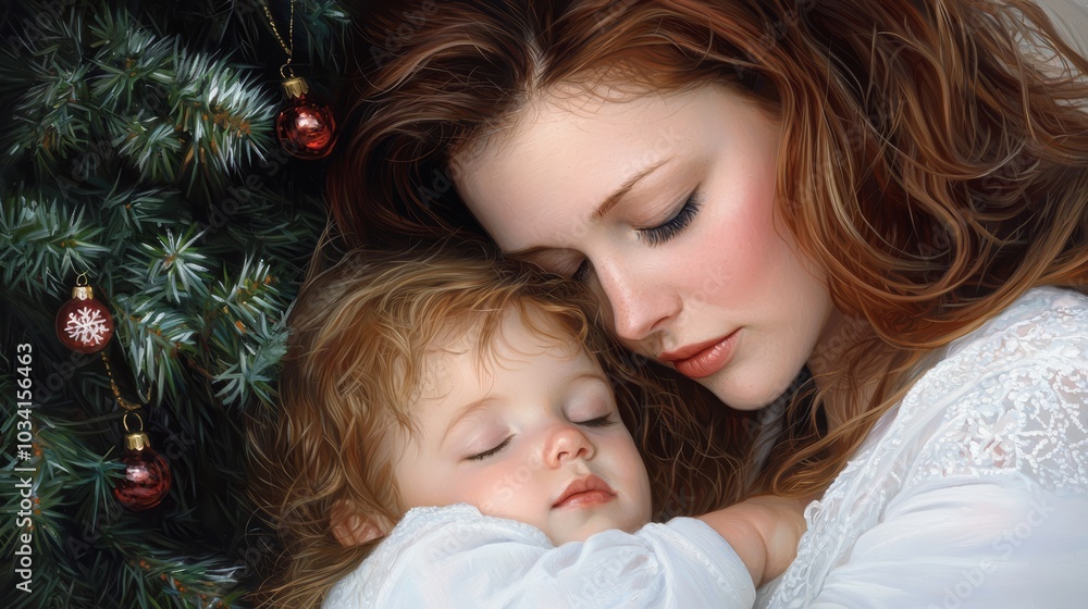 A mother and child sitting by the Christmas tree, sharing laughter and festive joy. A mother and child sitting by the Christmas tree, sharing laughter and festive joy.