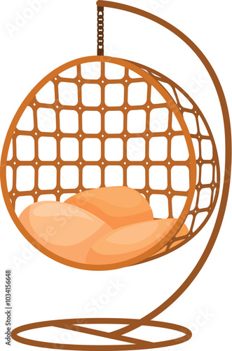 Comfortable hanging chair made of rattan with soft pillows for relaxing at home or on the terrace