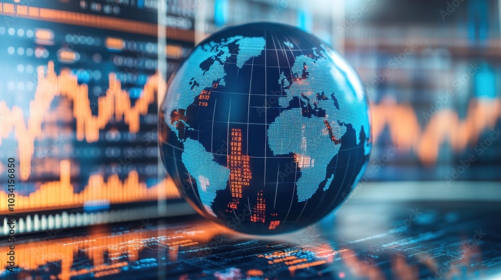 Blue globe with detailed stock market graphs and financial data, symbolizing the interconnected global economy Blue globe with detailed stock market graphs and financial data, symbolizing the interconnected global economy