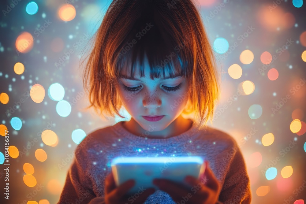 Little girl using smartphone surrounded by glowing lights Little girl using smartphone surrounded by glowing lights