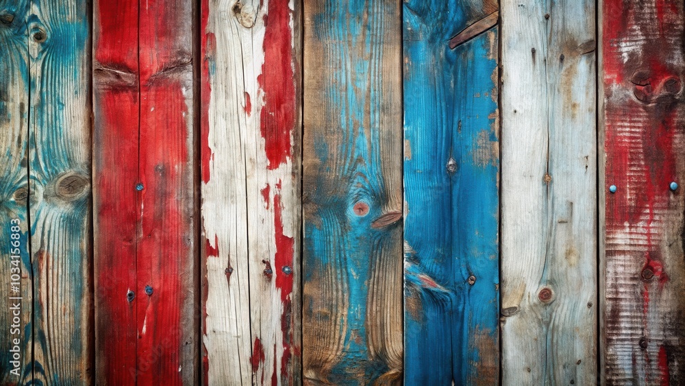 A close-up view of weathered wooden planks painted in shades of red, blue, and white, showcasing the natural grain and texture of the wood A close-up view of weathered wooden planks painted in shades of red, blue, and white, showcasing the natural grain and texture of the wood