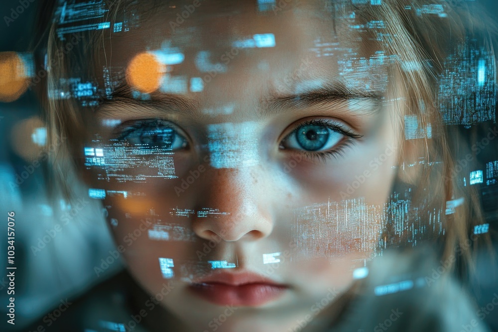Child looking through digital code data reflecting in eyes Child looking through digital code data reflecting in eyes