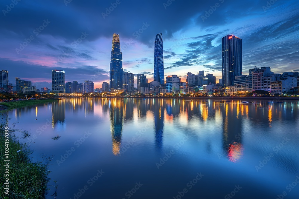 Skyline Reflection in a Calm City Lake at Dusk Skyline Reflection in a Calm City Lake at Dusk