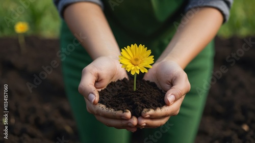 A gardener holds a handful of rich soil with a blooming flower sprouting from it. photo