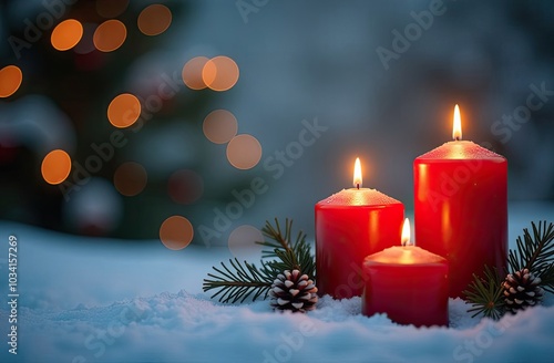 Burning candle, Christmas decoration and wooden background in falling snow, tranquil low-key footage with festive mood