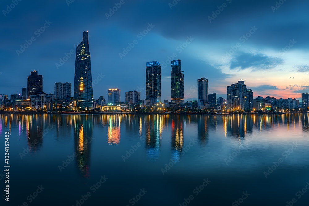 Fototapeta premium Skyline of a City with Skyscrapers Reflected in a Calm River at Dusk