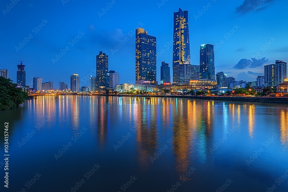 Fototapeta premium Cityscape with Skyscrapers Reflected in a Calm River at Twilight