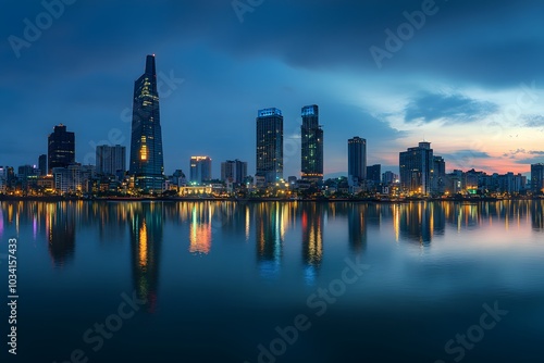 Wallpaper Mural Skyline of a City with Skyscrapers Reflected in a Calm River at Dusk Torontodigital.ca
