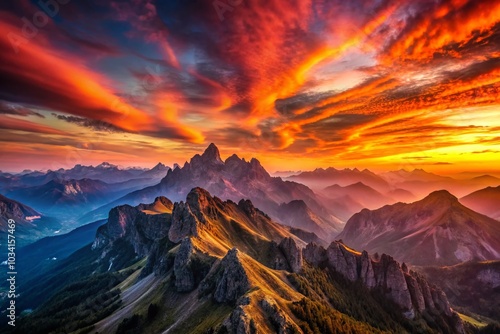 Stunning Drone Photography of a Majestic Mountain Range Under a Vibrant Red and Orange Sky