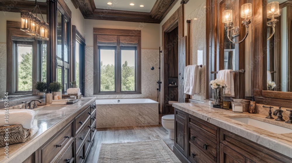A beautifully decorated bathroom with a wooden vanity, marble countertops, and chic lighting fixtures. A beautifully decorated bathroom with a wooden vanity, marble countertops, and chic lighting fixtures.