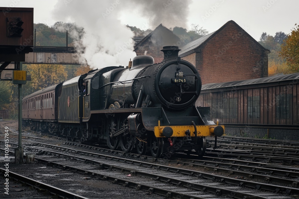 Obraz premium Black steam train approaching on tracks at rural station