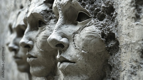 A close-up of sculpted faces emerging from a textured wall, showcasing artistry and emotion.