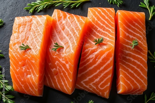 Salmon, fresh salmon fillet slices on graphite slate cutting board.