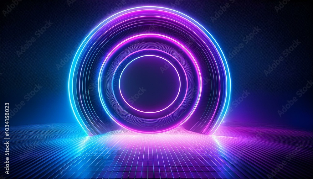 Naklejka premium neon portal in purple and blue, shaped like a magical geometric circle, surrounded by a glowing round frame, resembling a futuristic teleporter with dynamic light